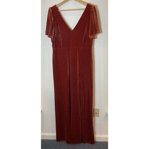 Birdy Grey Dress Formal Velvet Flutter Sleeves Slit Rust Orange Size XXL